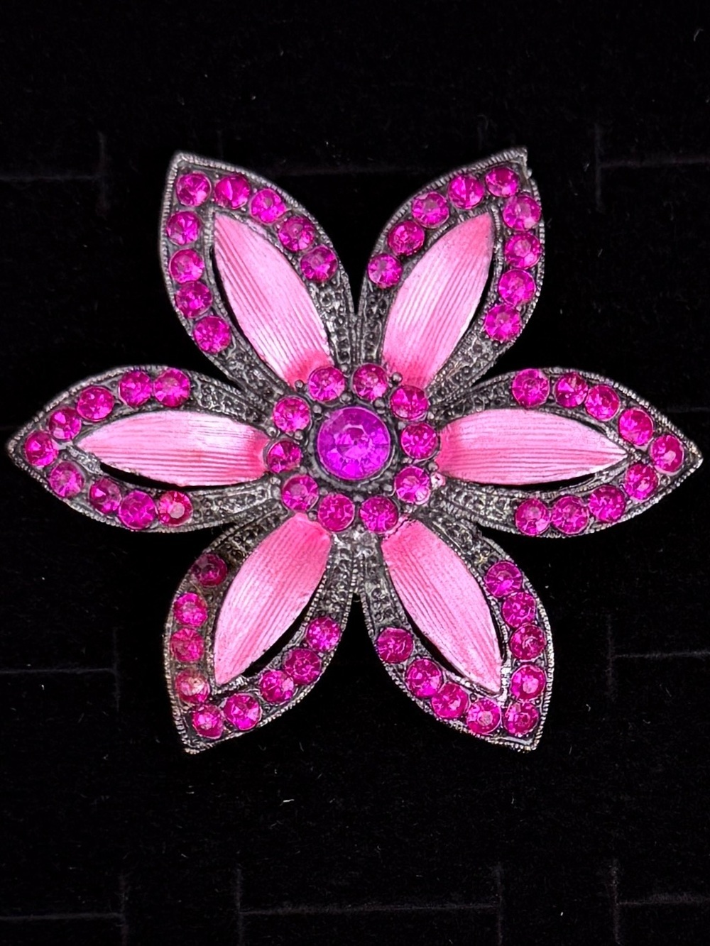 Vintage Black Gunmetal Pink Floral Bling Brooch